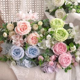 Decorative Flowers Artificial Flower Bouquet Silk Hydrangea Peony Wedding Party Bride Holding Garden Road Bouquets