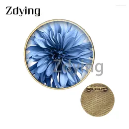 Brooches ZDYING 30mm Blue Flower Rose Badge Metal Pins Glass Po Cabochon Dome Antique Silver/Bronze Colour Jewellery RE033
