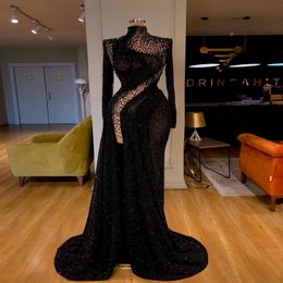 Glitter Sequins Black Evening Dresses High Neck Long Sleeves Arabic Aso Ebi Beads Prom Gowns Mermaid Sweep Train Women Special Occasion 280M