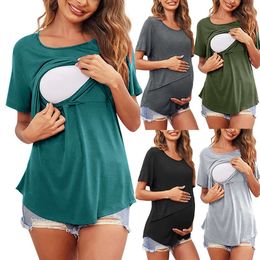 2023 Summer Pregnant Women Solid Round Neck Short Sleeve Breastfeeding Postpartum Care Top T-shirt