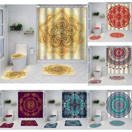 Shower Curtains 4Pcs Retro Mandala Curtain Set Non-Slip Rug Toilet Lid Cover Bath Mat Waterproof Bohemia Boho For Bathroom Decor