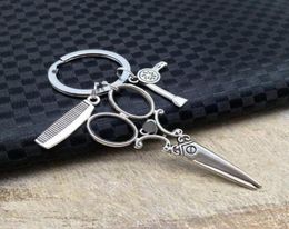 Hair stylist popular scissors comb hair dryer haircut washing blow KeychainTibetan silver charm pendant key chain ring DIY Fit Ke3762747