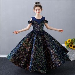 Flower Girl Dresses Luxury Formal Evening Party Dresses Sparkly Sequins Tulle Princess Gown Girls Long Wedding Junior Bridesmaid Clothe 260F