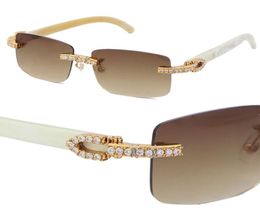 New Original White Genuine Natural Buffalo Horn Rimless Sunglasses 26 Carats Diamond Set Glasses Womans Men Famous UV400 Square S3003733