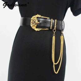 Waist Chain Belts Double layered cowhide belt with set palace style hollow carved metal pin buckle chain genuine leather Q240511