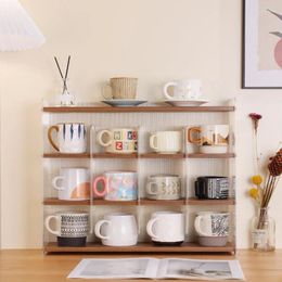 Kitchen Storage Acrylic Cup Rack Desktop Water Tea Coffee Mug Dustproof Nine Grid Solid Wood