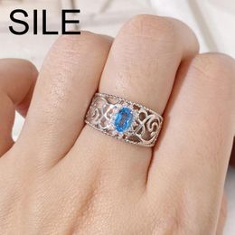 Cluster Rings SILE Hollow Out Geometric Floral Women Wedding Party Fine Jewellery Natural Gemstone Blue Topaz 925 Silver Adjustable