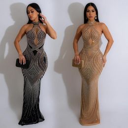 Casual Dresses Luxury Evening Party Birthday Night Club Wedding Prom Women Halter Neck Diamonds Rhinestones Bodycon Maxi Vestidos