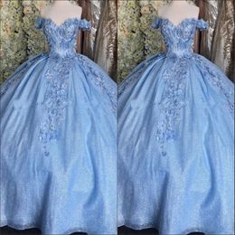 2023 Bling Tulle Bahama Blue Quinceanera Dresses Ball Gown Off The Shoulder 3D Flowers Crystal Corset Back Lace-up Prom Graduation Form 292M
