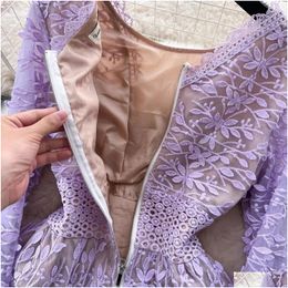 Basic Casual Dresses High Quality Lilac Purple Lace Work Mesh Dress For Women Vestidos Elegantes Para Mujer Embroidery See-Through Sli Dh68M