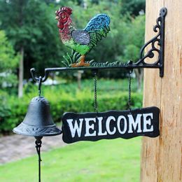 Decorative Figurines Cast Iron Rooster Wall Hand Cranking Bell With Welcome Sign Plauqe Countryside Double-sided Paint Multi Colours For