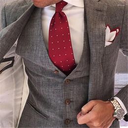 Men's Suits Latest Coat Pant Design Grey Men Suit For Wedding 3Pieces(Jacket Vest Tie) Prom Groom Tuxedos Trajes De Hombre Blazer