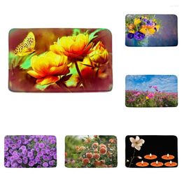 Bath Mats Watercolor Floral Butterfly Mat For Tub Non-silp Scenery Daisy Dahlia Flower Rural Bathroom Rug Carpets Kitchen Doormat Pad