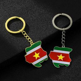 Keychains Lanyards Fashion Suriname Map Flag Key Chain Stainless Steel Men Women Sranan Maps Key Ring Jewelry Gift Y240510