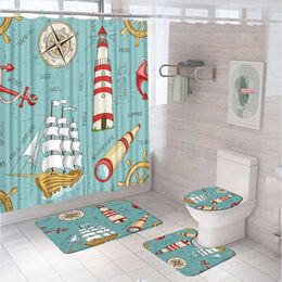 Shower Curtains Nautical Compass Anchor Lighthouse Sets Ocean Sailboat Bathroom Screen Non-Slip Rug Toilet Cover Floor Bath Mat