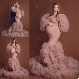 Plus Size Women Maternity Evening Dress Long Sleeves Ruffles Custom Made Mermaid Prom Gowns Lingerie Nightwear 265T