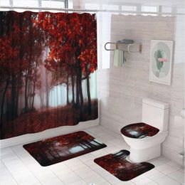 Shower Curtains 4Pcs Red Maple Tree Forest Curtain Set For Bathroom Screen Natural Scenery Anti-slip Bath Mat Toilet Lid Cover Carpet Rug