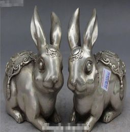 christmas Chinese Auspicious Silver Carving Zodiac Year Rabbit Rabbits Animal Statue Pair halloween3305077