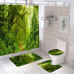 Shower Curtains Misty Primeval Forest Landscape Curtain Sets Green Tropical Jungle Tree Scenery Bath Mat Carpet Toilet Rug Bathroom Decor