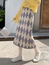 Skirts Half-length Skirt Female Autumn And Winter 2024 Diamond Lattice Wool Mid-length High Waist Non-split Knitted A-line