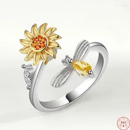 Cluster Rings S925 Sterling Silver For Women Fashion Contrasting Colored Sunflower Rotatable Dragonfly Zircon Jewelry