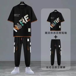 Summer Mens Joggers Set American Fashion Outfit Suits Trend T-shirt Multi-pocket Cargo Pants 2 Piece Set Men Clothing 240510