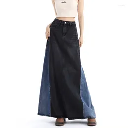 Skirts S-XXXL High Waist Denin Women A-Line Loose Casual Colour Contrast Pocket Zipper Long Maxi Jeans Female Trendy