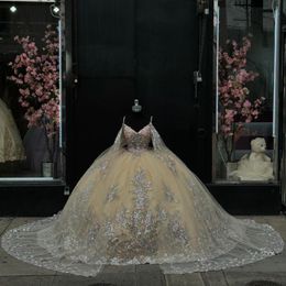 Champagne Off-The-Shoulder Princess Ball Gown Quinceanera Dress Classic Applique Lace Sequin With Cape Sweet 16 Dress Vestido