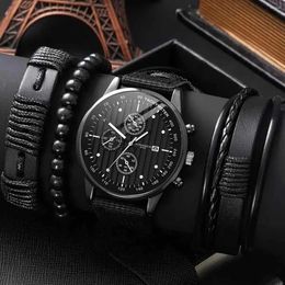 Wristwatches 4Pcs Men's Fashion Trend Simple Business Three Eyes Calendar Digital Nylon Strap Quartz Watch Luxury Leather Bracelet Set