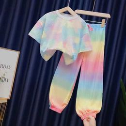 Clothing Sets Rainbow gradient loose 2-piece T-shirt+pants set for children aged 3-12 with lace up girl 2024 summer new fashion ice silk clothingL2405