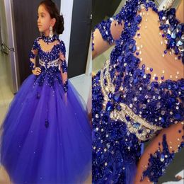 2020 Royal Blue Girls Pageant Dress Princess Long Sleeve Beaded Crystals Party Cupcake Young Pretty Little Kids Celebrity Flower Girl G 296S