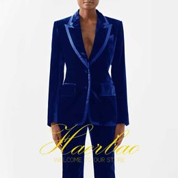 Others Apparel Womens Royal Blue Velvet Suit Wedding Dress for Mom Formal Jacket and Pants 2-Piece Set Party Outfit Y240509