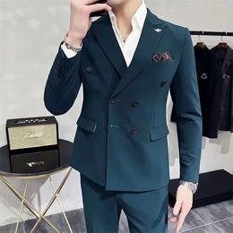 Men's Suits Blazers Fashion Men Double Breasted Plaid Suit Coat Pants 2 Pcs Set / Male Slim Fit Business Wedding Blazers Jacket Trousers #28