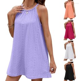 Casual Dresses Women Sleeveless Sexy Halterneck Pleated Flowy Short Dress Eyelet Embroidery Solid Color Loose Beach