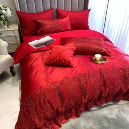 Bedding Sets 50 Chinese Style Wedding Reactive Printing 4ps Duvet Cover Set Romantic Lace Edge Bed Sheet