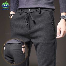 Men's Pants Four Seasons Brushed Fabric Casual Pants Men Business Work Drawstring Elastic Waist Slim Black Trousers Male Plus Size 38 Y240513