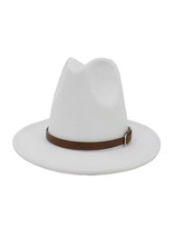 European US Women Men Artificial Wool Felt Fedora Hats with Coffee Leather Band Wide Brim Panama Jazz Cap White Black Large Size9834767