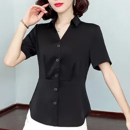 Women's Blouses Office Lady Slim Button Shirt Tops Summer Short Sleeve Solid All-match Basic Blouse Fashion Vintage Women Clothing