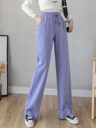Women's Pants Capris Korean Floor Lengrh Wide Leg Trousers for Women Cotton Baggy Stacked Sports Pants Spring Gray Lace Up Womens Joggers Sweatpants Y240509