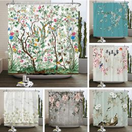 Shower Curtains Plant Flowers And Birds Curtain 180x180cm Floral Printed Polyester Bath Bathroom Decor With Hooks