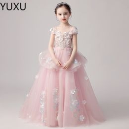 Luxurious Flower Girl Dress Long Train With Bow Bead 3D Flowers Appqulies Ball Gown Pageant dress Princess Holy Fisrst Communion party 2533