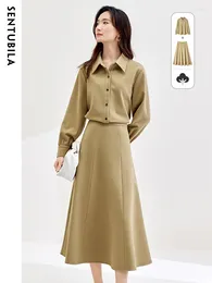 Work Dresses Sentubila 2024 Skirt 2 Piece Sets Women Outfit Autumn Winter Elegant Button Up Shirt Midi Skirts In Matching 134Z52084