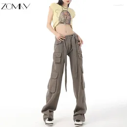 Women's Pants ZOMRY Vintage Distressed Lace Trim Cargo Pant Loose Jeans Fashion Streetwear Multi Pocket Wide Leg Straight Trousers