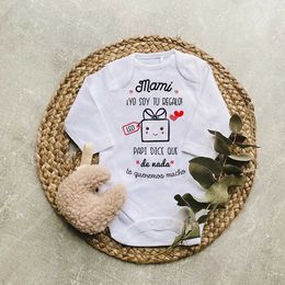Rompers Mom I am your gift. Printed baby jumpsuit Spanish Mothers Day baby tight fitting suit long sleeved warm jumpsuit the best gift for Mothers DayL2405