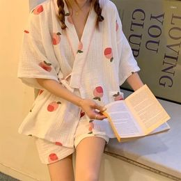 Home Clothing Cartoon Peach Print Girls Fresh Style Short Sleeve Shorts 2Pcs Kimono Household Pyjamas Set Comfort Gauze Cotton Sleepwer