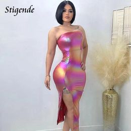 Casual Dresses Stigende Faux Leather Glossy Strapless Midi Dress Women Sexy Side Split Gradient Evening Party