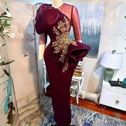 Runway Dresses Wine Red 3/4 Sleeves Evening Dresses Bow Decorated The Shoulder Appliqued Beaded Crystal Simple Tulle Satin Prom Gowns