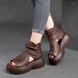 Sandals 2024 Retro Soft PU Leather Ladies Cool Boots Fashion Women Summer Fish Mouth Wedges Mid Heels Gladiator