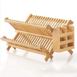 Kitchen Storage Dish Drying Rack Drainer With Cutlery Holder Organizer Multipurpose Bamboo For Dining Room Restaurant