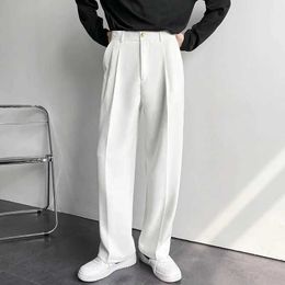 Men's Pants New Mens White Straight Pants Fashion Korean Loose Set Trousers Casual Zipper Pocket White Wide Pants Mens Street ClothingL2405